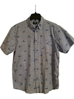 Hurley Blue Short-Sleeve Button-Down Shirt with Navy Island Print, Size M